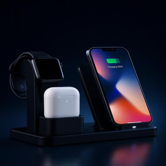 Cargador 3 en 1 Inalámbrico – Carga Teléfono, Reloj y Audífonos al Mismo Tiempo
